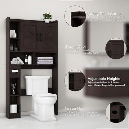 Over The Toilet Storage Cabinet, Farmhouse Storage Cabinet Over Toilet with 2 Barn Door & Toilet Paper Holder Stand, Home Space-Saving Toilet Rack, for Bathroom, Restroom (Black)