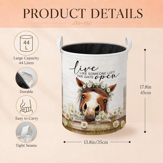 Farmhouse Daisy Floral Horse Laundry Basket, Horse Lovers Gifts Laundry Hamper Waterproof Collapsible Clothes Toys Storage Bin Organizer for Girls Room Bedroom Bathroom Home