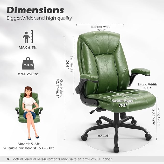 YAMASORO Executive Office Chair,Big and Tall Ergonomic Desk Chair with Adjustable Lumbar Support,Breathable PU Leather Computer Chair wih Flip-up Arms and Wheels,Green