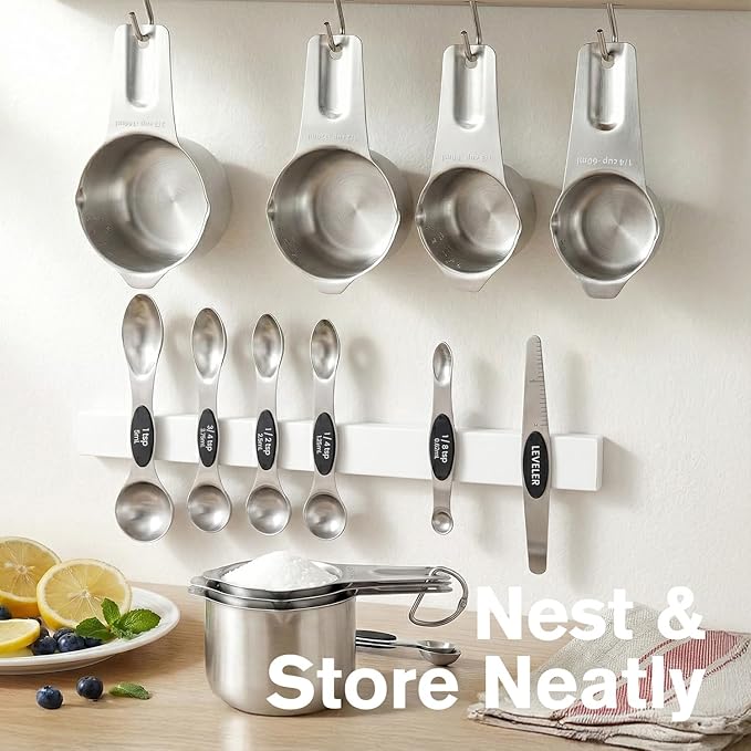 ChefAide Measuring Cups and Spoons Set, 304 Stainless Steel Measuring Cups Set of 7,8 Magnetic Stainless Steel Measuring Spoons & 1 Leveler for for Measure Dry and Liquid Ingredients