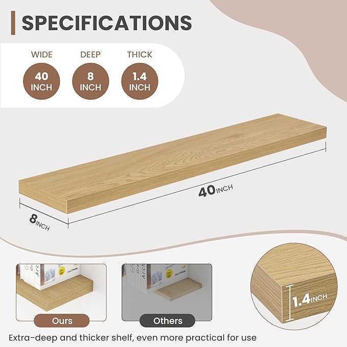 Acovy 40 Inch Floating Shelves, 8 Inch Deep Floating Shelves for Wall, Hanging Shelf with Invisible Brackets, Deep Shelves for Bathroom, Bedroom, Living Room, Oak, Set of 2
