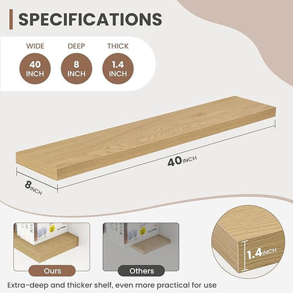 Acovy 40 Inch Floating Shelves, 8 Inch Deep Floating Shelves for Wall, Hanging Shelf with Invisible Brackets, Deep Shelves for Bathroom, Bedroom, Living Room, Oak, Set of 2