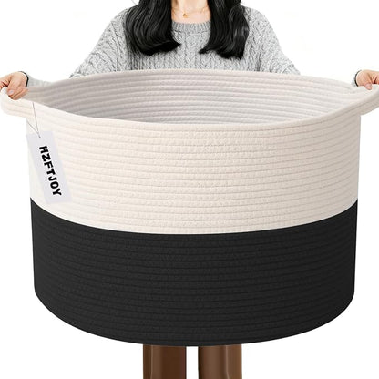 115L Extra Large Blanket Basket,Woven Rope Laundry Basket Hamper with Handles, Decorative Nursery Basket Storage Bin for Toys, Clothes Organizer, Living Room, Bedroom, Bathroom, White&Black