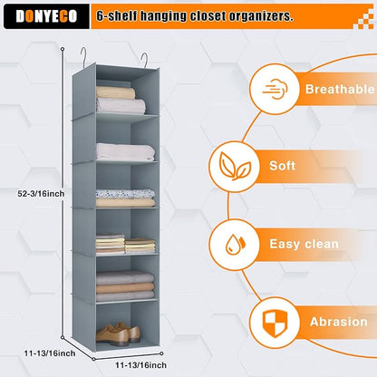 Hanging Closet Organizer 6-Shelf, Oxford Fabric Wardrobe Storage, Gray | Easy-mount foldable design holds clothes, handbags, shoes & accessories; washable Oxford fabric, sturdy and space-saving.
