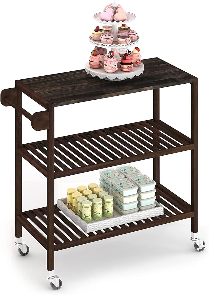 Interbuild 3 Tier Acacia Hardwood Kitchen Cart, Portable Rolling Trolley Cart Kitchen Storage Utility Cart with Towel Rack (Espresso)