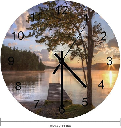 Scenic Nature Wood Wall Clock, Natural Lake Landscape Tree Woodland Beautiful Scenery 12 Inch Silent Non-Ticking Battery Operated Round Clock for Bedroom Living Room Office Kitchen Decor