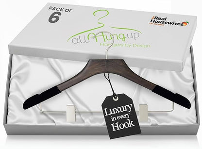 Wooden Hangers with Clips for Women, Solid Wood Skirt & Suit Hangers, Heavy-Duty Adjustable Non-Slip Design with Velvet Grip, Mahogany with Black Velvet, 6 pcs