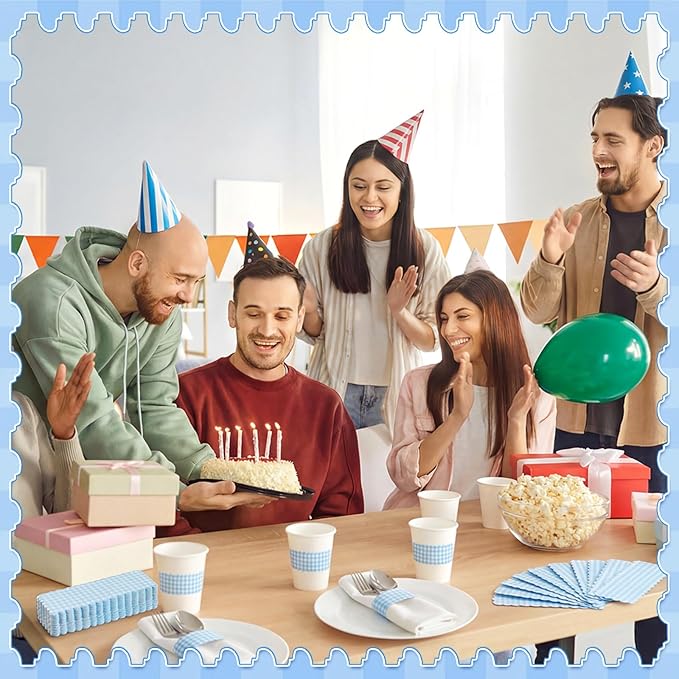 300 Pcs Blue White Plaid Paper Napkin Rings Disposable Napkin Bands Self Adhesive Summer Silverware Wrap Band for Birthday Holiday Party Dinner Table Setting Decoration