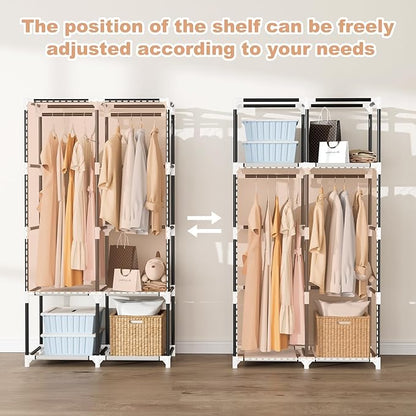 Portable Closet for Hanging Clothes, Portable Wardrobe Closet with Cover, 4 Storage Shelves, 2 Hanging Rods and 8 Side Pockets, Easy Assembly and Sturdy Free Standing Closet for Bedroom, White