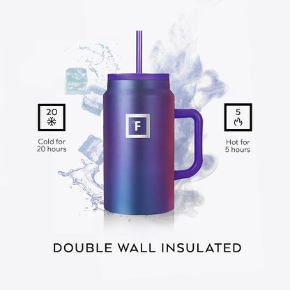 IRON °FLASK Co-Pilot Insulated Mug w/Straw & Flip Cap Lids - Cup Holder Bottle for Hot, Cold Drink - Leak-Proof - Water, Coffee Portable Travel Mug - Dark Pine, 50 Oz