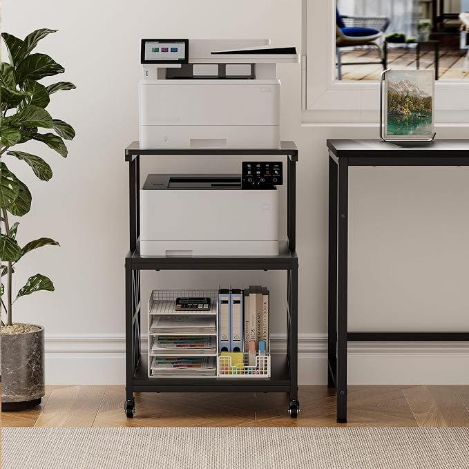 GreenForest Printer Stand with Lockable Wheels, Heavy Duty Printer Table | 3-Tier Storage Shelf, Fit 2-3 Printers/3d/Heat Press/Laser, Rolling Cart for Home Office, Small Spaces, 19.7"x17.7", Black