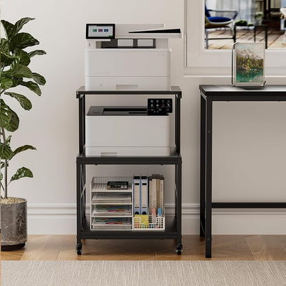 GreenForest Printer Stand with Lockable Wheels, Heavy Duty Printer Table | 3-Tier Storage Shelf, Fit 2-3 Printers/3d/Heat Press/Laser, Rolling Cart for Home Office, Small Spaces, 19.7"x17.7", Black