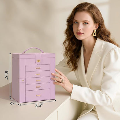 AKOZLIN 6-Tier Jewelry Box Organizer Functional 5 Drawers Leather Jewelry Storage Case for Women Girls Ring Necklace Earring Bracelet Holder Organizer with Mirror Light Purple Regular