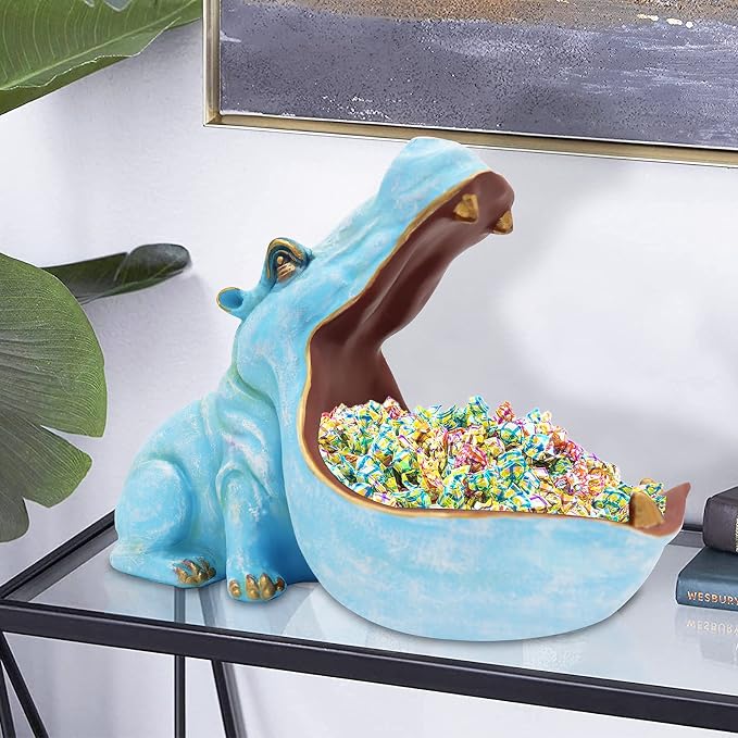aboxoo Hippo Statue Home Resin Hippopotamus Figurine Fun Candy Dish,Key Bowl,Big Mouth Sculpture Table Art Decoration Sundries Container Storage Box (Light Blue)