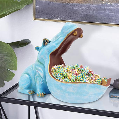aboxoo Hippo Statue Home Resin Hippopotamus Figurine Fun Candy Dish,Key Bowl,Big Mouth Sculpture Table Art Decoration Sundries Container Storage Box (Light Blue)