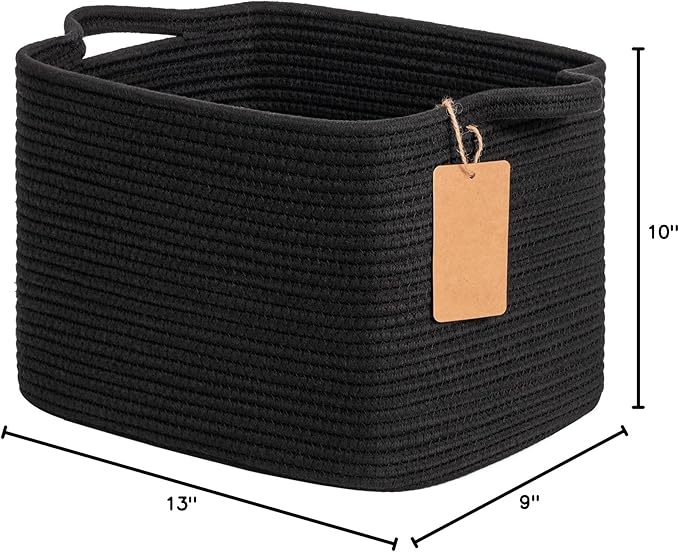 Goodpick Black Storage Basket for Shelves, Woven Baskets for Storage, Toy Baskets Storage Kids, Towel Basket with Handles for Living Room, Bathroom, 13 x 10 x 9 Inches