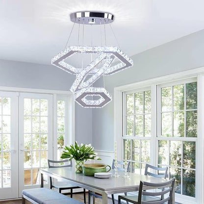 LED Chandeliers Dimmable Crystal Chandelier 3 Rings Modern Pendant Light Adjustable Stainless Steel Ceiling Light Fixture for Dining Room Bedroom Living Room