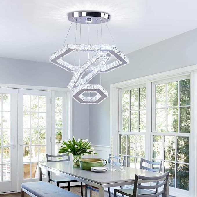 Modern Crystal Chandeliers Big 3 Rings LED Ceiling Light Adjustable Stainless Steel Pendant Light for Bedroom Living Room Dining Room (6500K Cool White)(25cm+35cm+45cm)