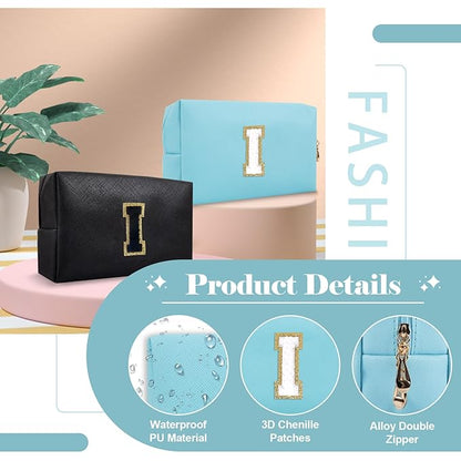 Small Personalized Initial A-Z Preppy Patch Makeup Bag,PU Chenille Letter Travel Cosmetic Pouch with Zipper,Blue Cute Toiletry Bag,Gift Ideal for Teen Girls Women Teacher Bridesmaid,Letter I