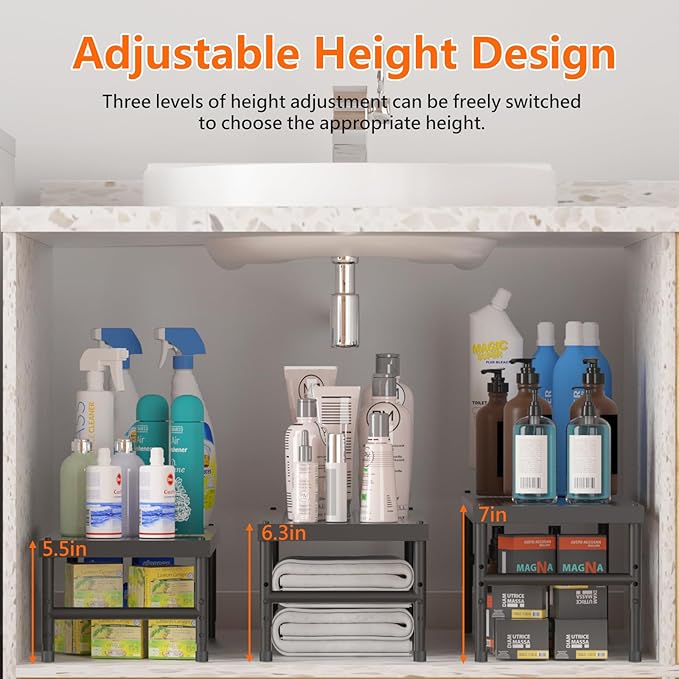 2 Pack Expandable adjustable stackable kitchen organizer,Spice Racks,Counter Shelf for Cabinets,Small Cupboard Organizers,Heavy Duty Metal Pantry Storage Shelves Racks for kitchen,cabinet, bathroom