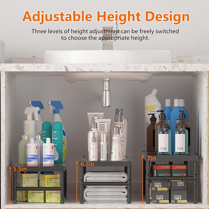 2 Pack Expandable adjustable stackable kitchen organizer,Spice Racks,Counter Shelf for Cabinets,Small Cupboard Organizers,Heavy Duty Metal Pantry Storage Shelves Racks for kitchen,cabinet, bathroom