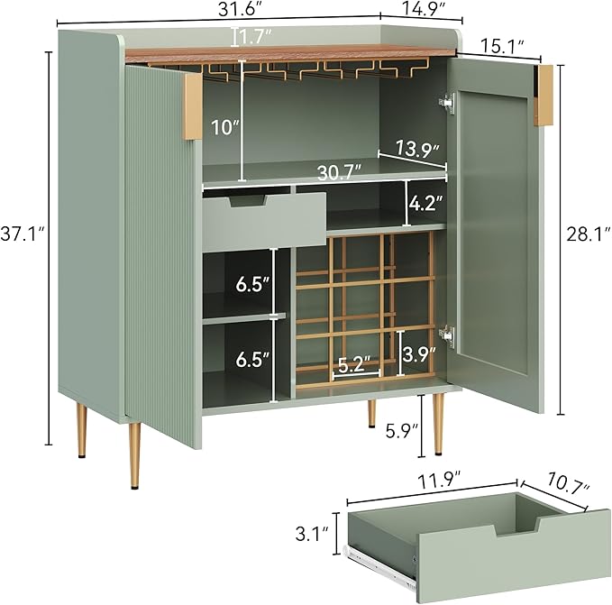 ARTPOWER Coffee Bar Cabinet with Wine Racks, Liquor Cabinet with Fluted Texture, Modern Sideboard Buffet Cabinet for Kitchen Dining Room, Living Room, Sage Green