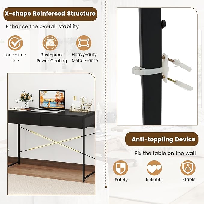 GOFLAME Modern 2-Drawer Computer Desk, Home Office Desk w/Reinforced Heavy-Duty Metal Frame, Versatile Study Writing Desk w/Anti-Tip Kit, Ideal for Bedroom, Study, Office, Small Spaces, Black