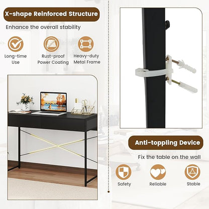 GOFLAME Modern 2-Drawer Computer Desk, Home Office Desk w/Reinforced Heavy-Duty Metal Frame, Versatile Study Writing Desk w/Anti-Tip Kit, Ideal for Bedroom, Study, Office, Small Spaces, Black