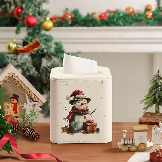 MEIBOOCH PU Leather Tissue Box Cover with Magnetic Closure, Square Tissue Box Holder with Rounded Edges Design (Snowman, Square)