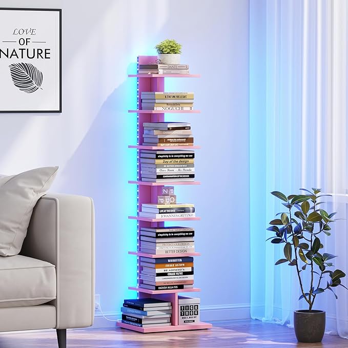 TUTOTAK Narrow Bookshelf, 8-Tier Bookcase with LED Lights, Spine Book Shelf for Small Space, Corner Standing Shelf for Living Room, Office, Study, Entryway, Pink BS06BP008L