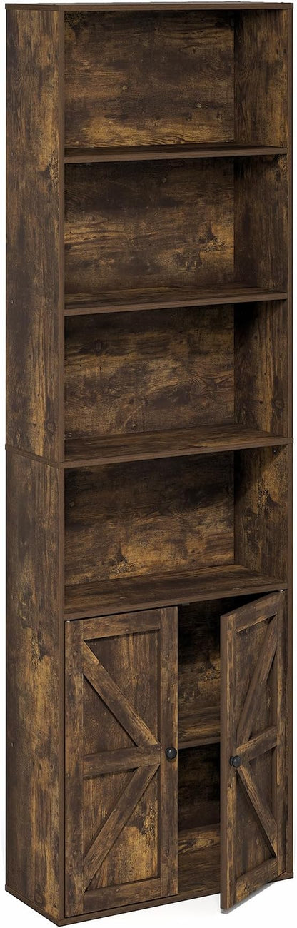 Furinno Jensen Book Shelf, 6-Tier Farmhouse Bookshelf, Display Bookcase with Doors, 9.2" x 21.6" x 71.2", for Organization and Storage, for Living Room, Bedroom, Home Office, Amber Pine