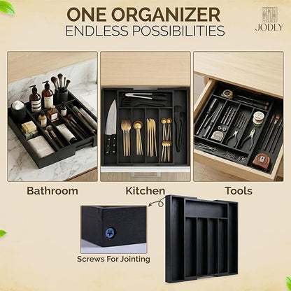Bamboo Kitchen Utensil Drawer Organizer for Silverware | 100% Natural Expandable 14-20 Inch Kitchen Drawer Organizers for Utensils | Non-Slip Base | Screwed Joints for Long-Lasting Durability