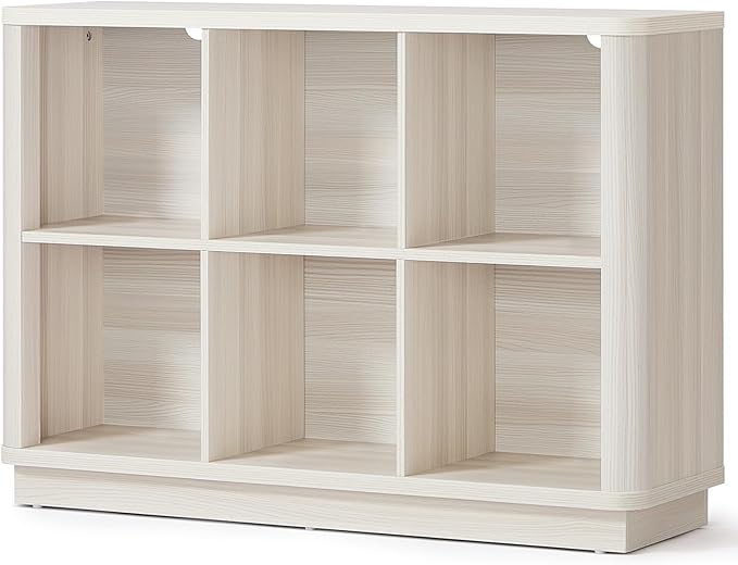 6 Cube Bookcase, 40" Wide Low Horizontal Book Shelf Curved Edge, Wood Floor Standing 2-Tier Bookshelf with Base, Modern Short Storage Cabinet Book Case for Bedroom,Office, Grey-White Cream Oak