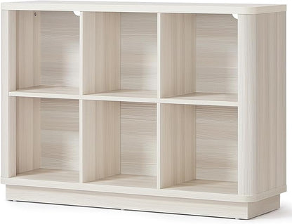 6 Cube Bookcase, 40" Wide Low Horizontal Book Shelf Curved Edge, Wood Floor Standing 2-Tier Bookshelf with Base, Modern Short Storage Cabinet Book Case for Bedroom,Office, Grey-White Cream Oak