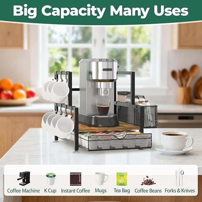 EsLuker.ly Coffee Bar Station Organizer with K Cup Drawer, Pod Holder Storage Rack with 7 Mug Hooks for Countertop, Wooden Coffee Machine Maker Stand for Home Office, Space-Saving for Coffee Lovers