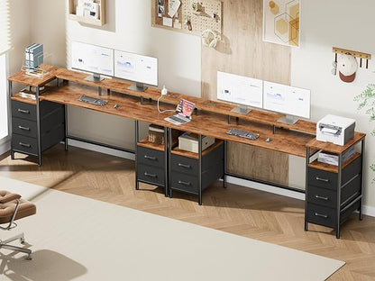 61 Inch Computer Gaming Desk with Power Outlets LED Lights Reversible Home Office with Adjustable Fabric Storage Drawers for Working Writing Study, Rustic Brown