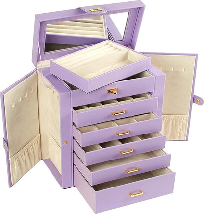 AKOZLIN Large Jewelry Box Organizer Functional Lockable with Big Mirror, Leather Jewelry Storage Case for Women Girls Ring Necklace Earring Bracelet Holder Organizer Violet