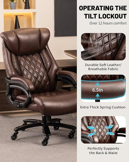800lbs Executive Chairs, Executive Office Chairs for Big and Tall with Adjustable Lumbar Support, Office Chair for Heavy People, Leather Desk Chairs with Quiet Rubber Wheel and Extra Wide seat