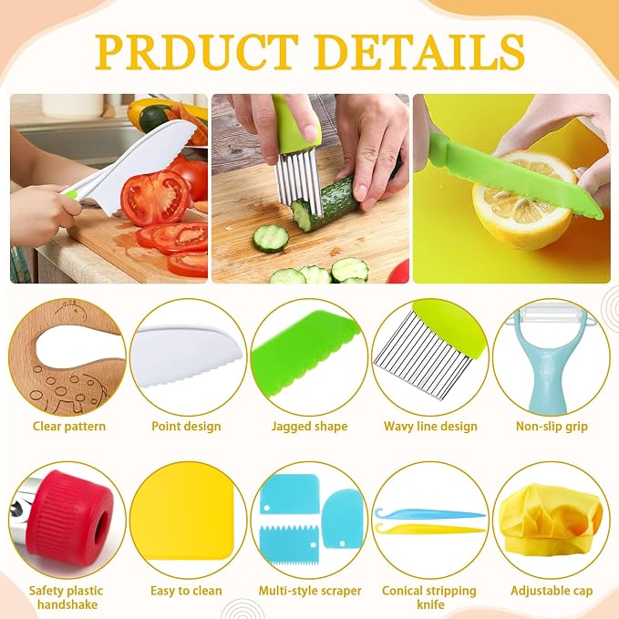 RISICULIS 21 Pieces Toddler Knife, Kids Knife Set Includes Wood Kids Safe Knifes, Plastic Toddler Knifes, Cutting Board, Apron, Chef Hat, Y Peeler, Crinkle Cutter, Cake Scraper