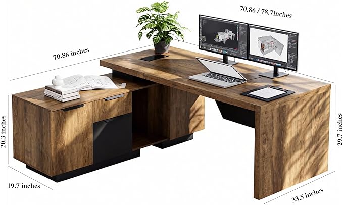 SAINTCY L-Shaped Executive Desk, Retractable Office Desk with Drawers, Large Wood Computer Desks for Boss, Bussiness Owners, Manangers and Supervisors, Adjustable Width (Left Return, 70.86" to 78.7")