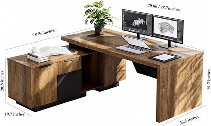 SAINTCY L-Shaped Executive Desk, Retractable Office Desk with Drawers, Large Wood Computer Desks for Boss, Bussiness Owners, Manangers and Supervisors, Adjustable Width (Left Return, 70.86" to 78.7")