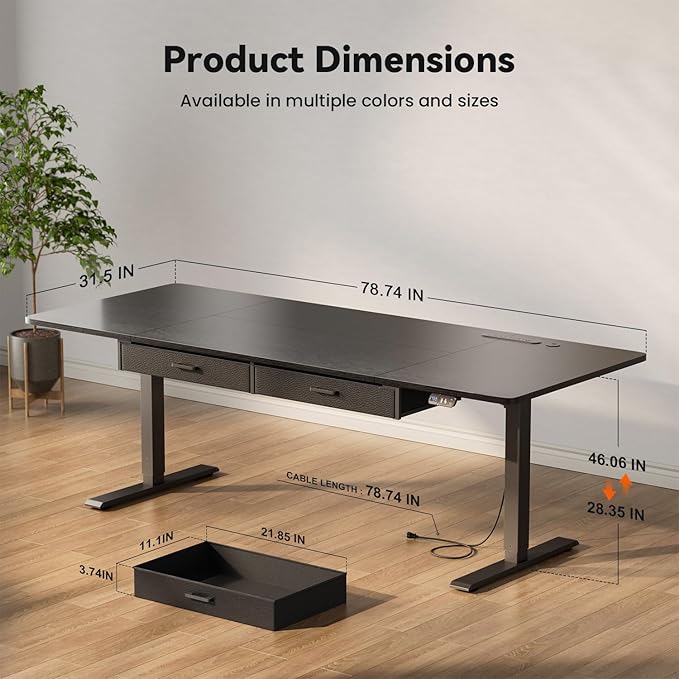 HLDIRECT Electric Standing Desk, Extra Large 79 x 31.5 Inches Height Adjustable Table with Outlets, Sit Stand Computer Desk with Drawers for Home Office, Ergonomic Rising Workstation, Black