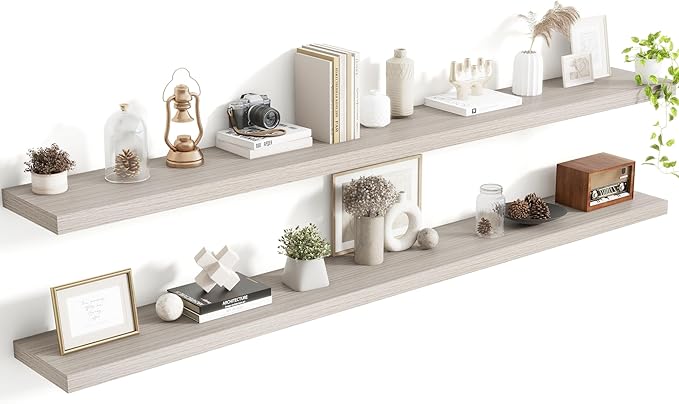 Acovy 72 Inch Floating Shelves, 8 Inch Deep Floating Shelves for Wall, Hanging Shelf with Invisible Brackets, Deep Shelves for Bathroom, Bedroom, Living Room, Grey, Set of 2