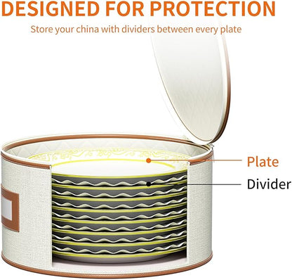 Aokeyee 4 Pcak China Storage Containers, Hard Shell Plates Storage Box with 48 Soft Divider for Saucer, Dessert, Salad, Dinner, Sturdy Quilted Stackable Dish Organizer for Moving & Protection, Ivory