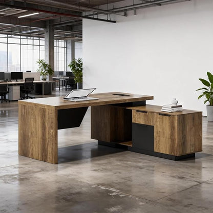 SAINTCY L-Shaped Executive Desk, Retractable Office Desk with Drawers, Large Wood Computer Desks for Boss, Bussiness Owners, Manangers and Supervisors, Adjustable Width (Right Return, 70.86" to 78.7")