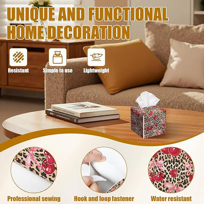 Pink Cherry Bow Tissue Box Cover 2PCS, Leopard Leather Tissue Box Holder Square Facial Paper Case Tissue Box Cube Organizer for Bathroom Bedroom Desk Office