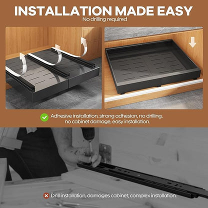 Seinloes 2 Pack Expandable Pull Out Cabinet Organizer 21"Deep With Raising Pad for Framed Cabinets,Upgrade 3 Slide Rails Slide Out Drawers,Roll Out Shelves Adhesive,Adjustable Width 15.15"-26.3" Black