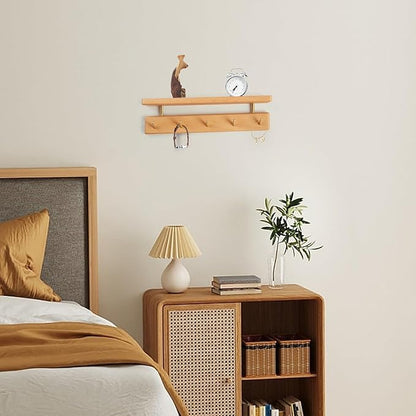 Solid Wood Shelf with Hooks, 15 inch Coat Rack Wall Mount, Shelves with 5 Brass Hooks for Hanging in Entryway, Living Room, Bathroom, Bedroom, Kitchen(Beechwood)