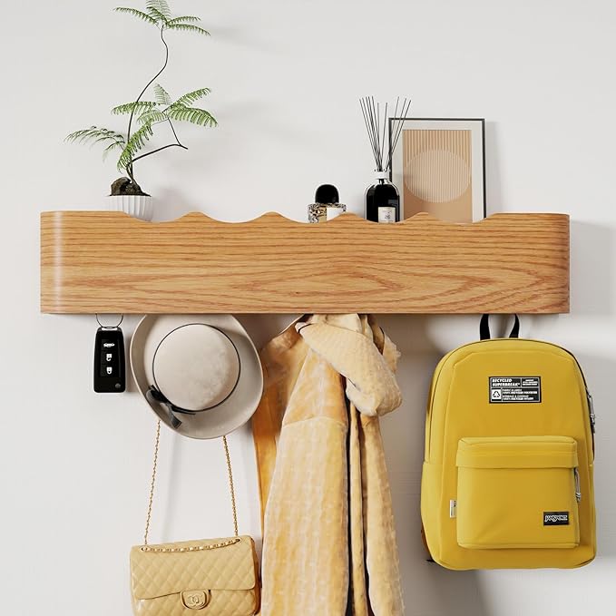 Coat Rack Wall Mount with Shelf 5 Hidden Hooks Modern Wooden Key Holder Entryway Organizer for Hallway Bedroom Bathroom Home Decor Storage for Hanging Coats Hats Bags Towels, Wave-Shape Oak