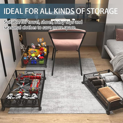 Under Bed Storage Containers, Shoe Storage With Wheels, Foldable Bedroom Storage Organization with Handles, Under Bed Storage Bins Drawer For Clothes, Blankets And Shoes, Bedding (2 Pack, Black)